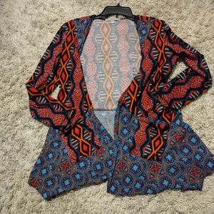 Valarie Stevens M cardigan mixed media pockets colorful 22" ptp, 28" to 31"L